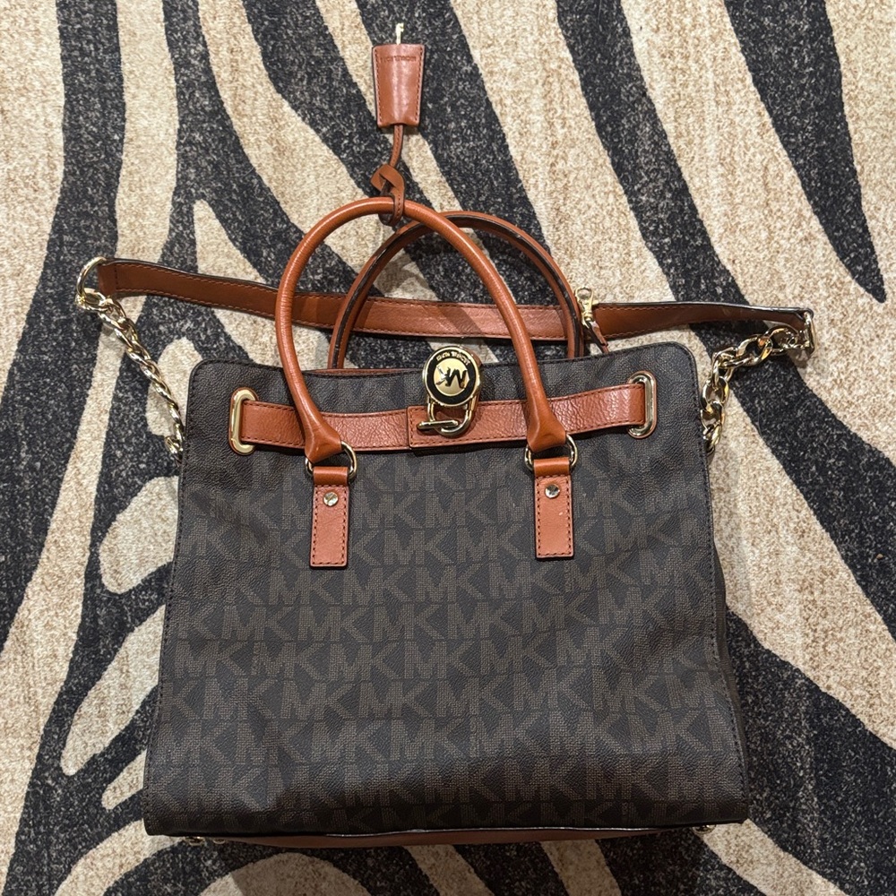 Michael Kors Dark Brown Shoulder Bag with Tan Accents